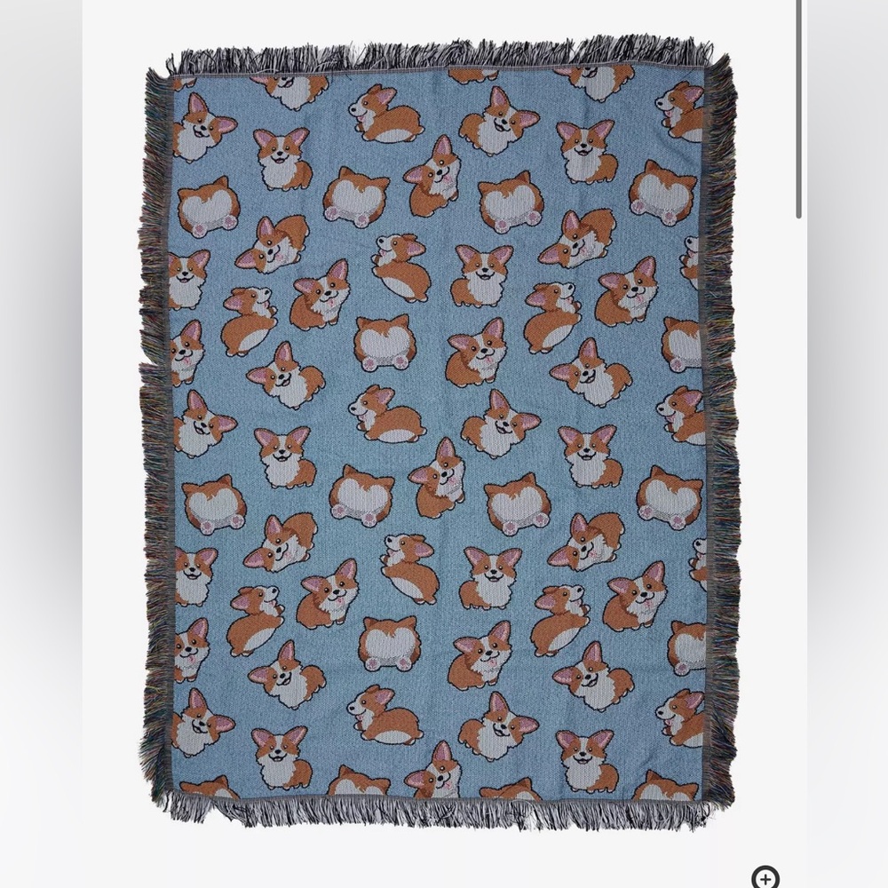 Hot Topic Corgi Patterned Tapestry Blue Throw Blanket with Fringe